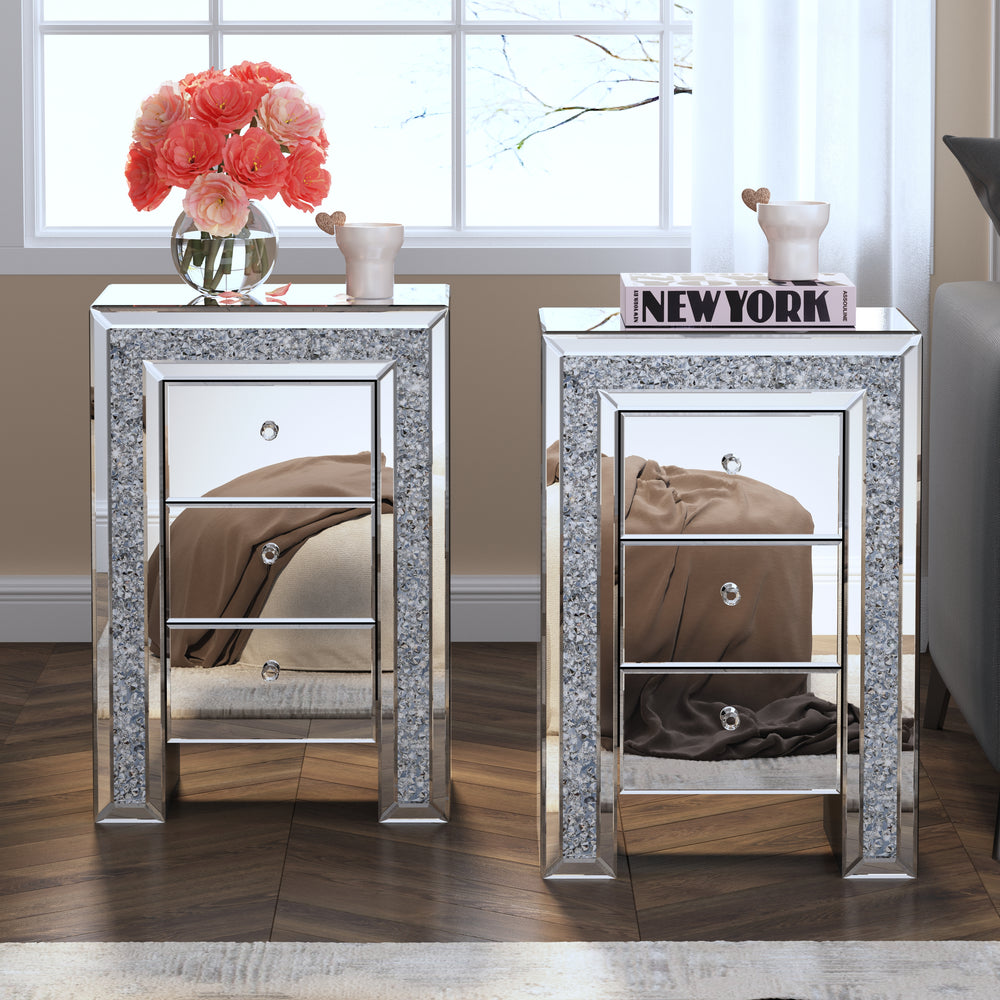 SHYFOY Crushed Diamond Mirrored Nightstand with 3 Drawers