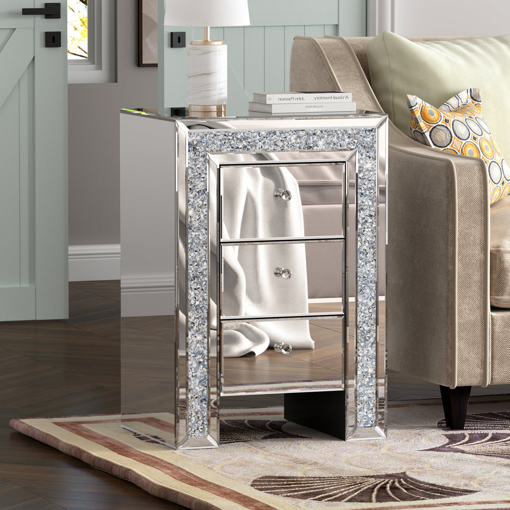 SHYFOY Crushed Diamond Mirrored Nightstand with 3 Drawers