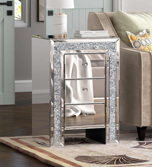 SHYFOY Crushed Diamond Mirrored Nightstand with 3 Drawers
