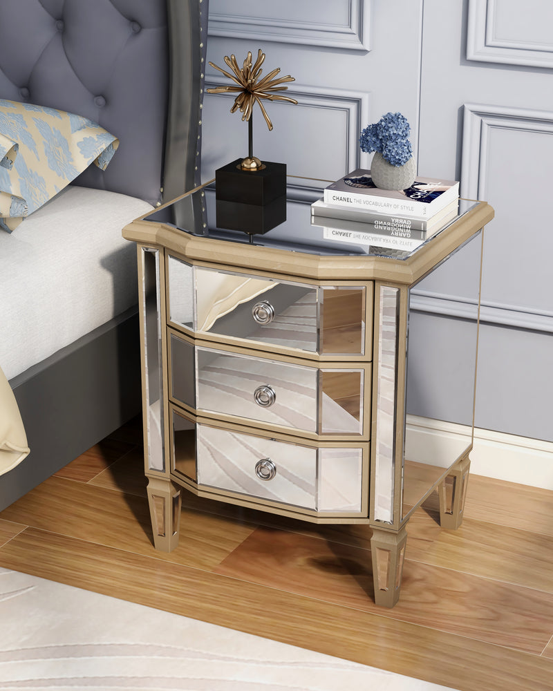 Accent Mirror Glass 3 Drawers Vintage Nightstand End Table