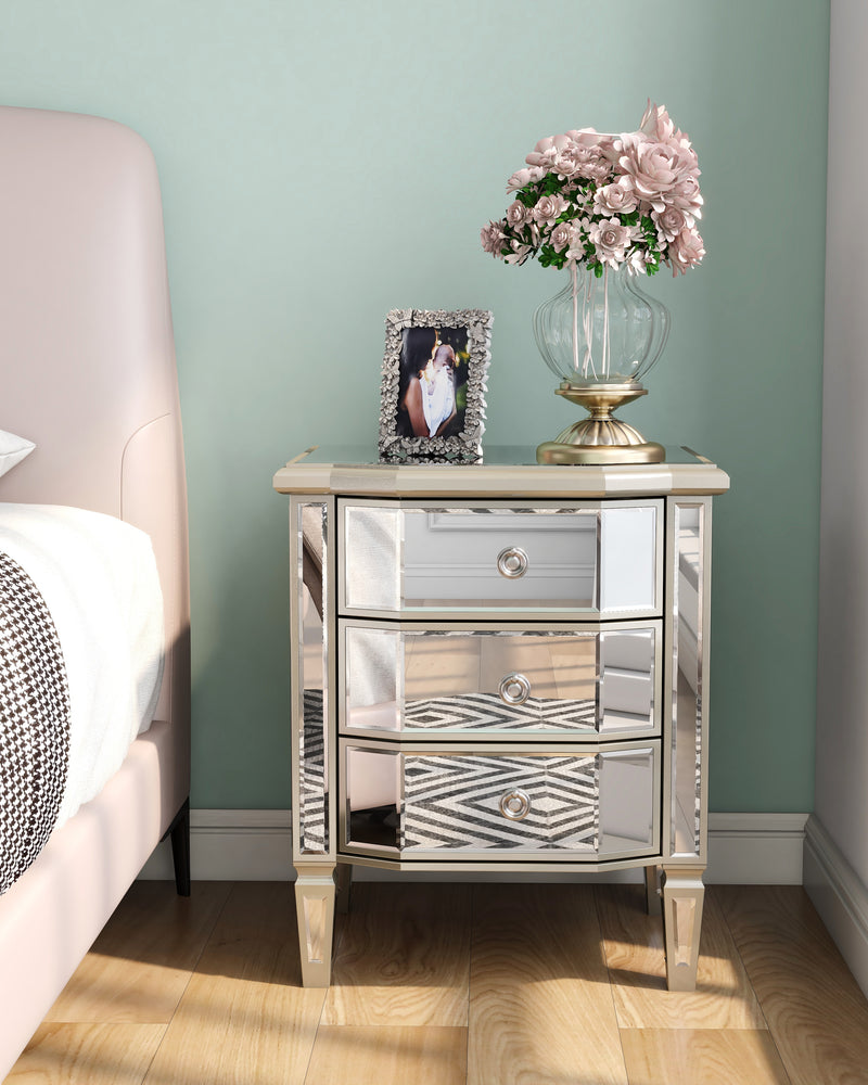 Accent Mirror Glass 3 Drawers Vintage Nightstand End Table