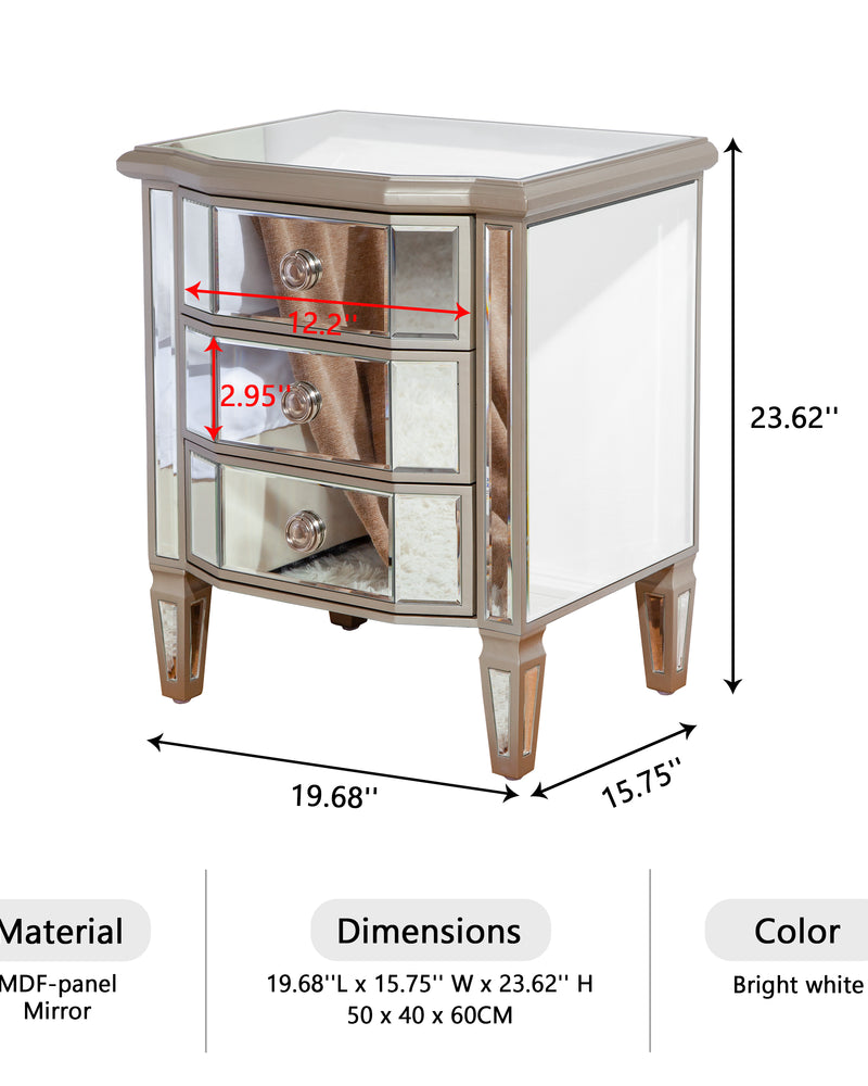 Accent Mirror Glass 3 Drawers Vintage Nightstand End Table