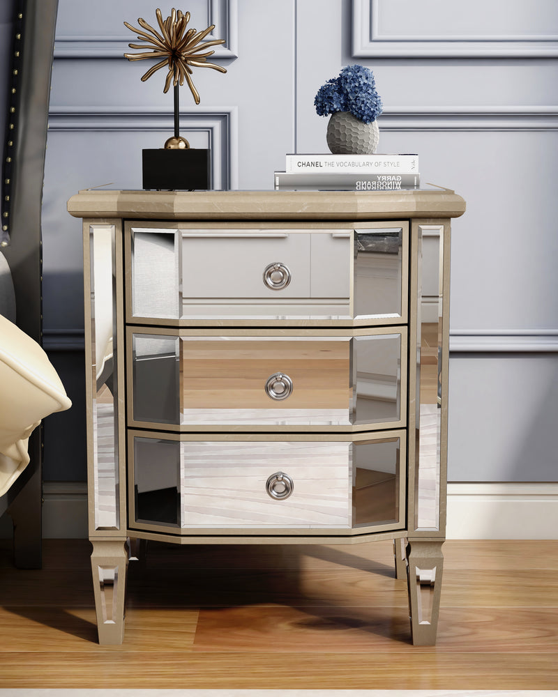 Accent Mirror Glass 3 Drawers Vintage Nightstand End Table