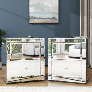 Nightstand Mirror Glass Top with Wireless Charging Station LED Light