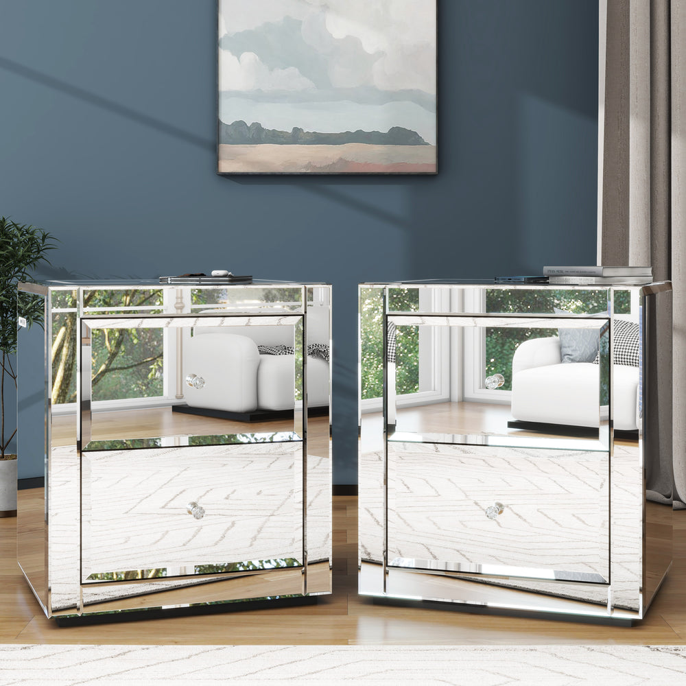 Nightstand Mirror Glass Top with Wireless Charging Station LED Light