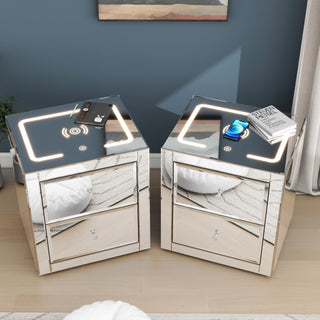 Nightstand Mirror Glass Top with Wireless Charging Station LED Light