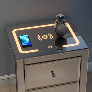 Nightstand Mirror Glass Top with Wireless Charging Station LED Light