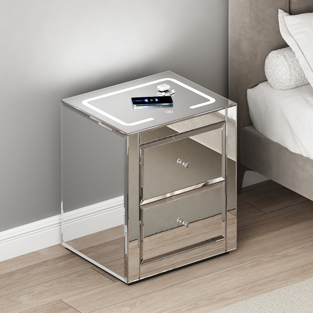 Nightstand Mirror Glass Top with Wireless Charging Station LED Light
