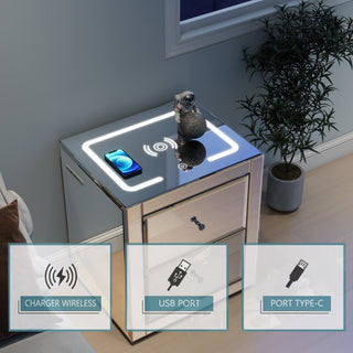 Nightstand Mirror Glass Top with Wireless Charging Station LED Light