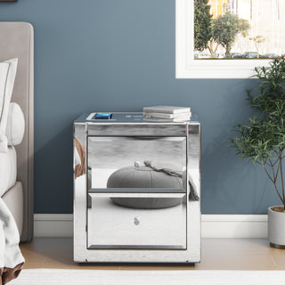 Nightstand Mirror Glass Top with Wireless Charging Station LED Light