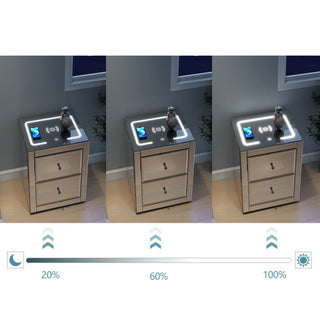 Nightstand Mirror Glass Top with Wireless Charging Station LED Light
