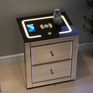 Nightstand Mirror Glass Top with Wireless Charging Station LED Light