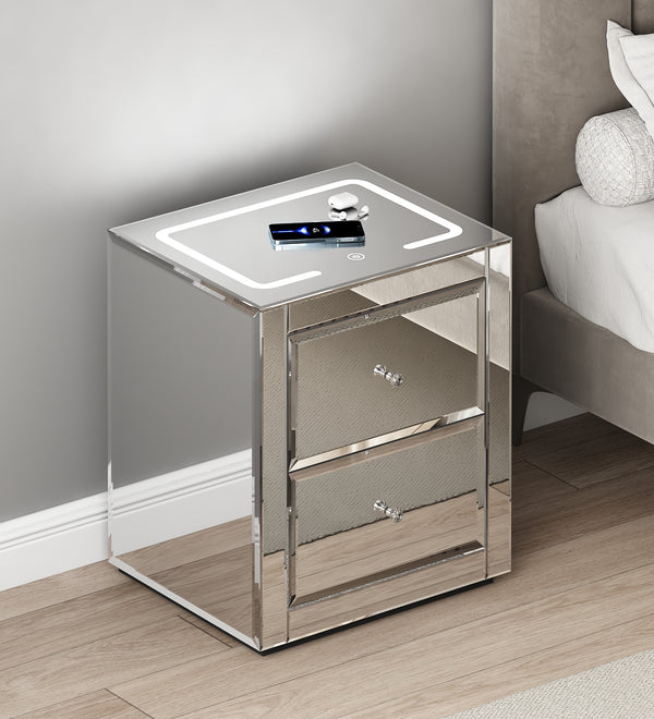Nightstand Mirror Glass Top with Wireless Charging Station LED Light
