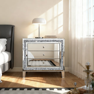 Glam Mirror Nightstand Bedside Table with 3 Drawer Chest