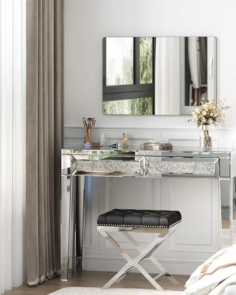 Mirrored Vanity Dresser with Drawers for Bedroom, Silver Make Up Table Inlay with Crushed Crystals