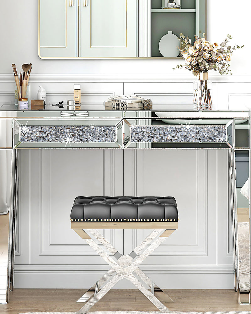 Mirrored Vanity Dresser with Drawers for Bedroom, Silver Make Up Table Inlay with Crushed Crystals