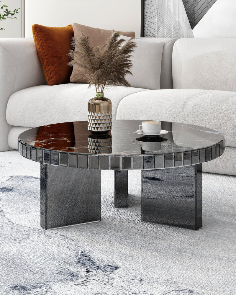 Black Mirrored Coffee Table with Marble Pattern