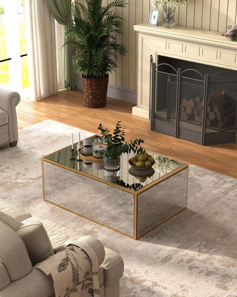 Rectangular Coffee Table, Mirrored Glass Center Table with Brushed Gold Frame