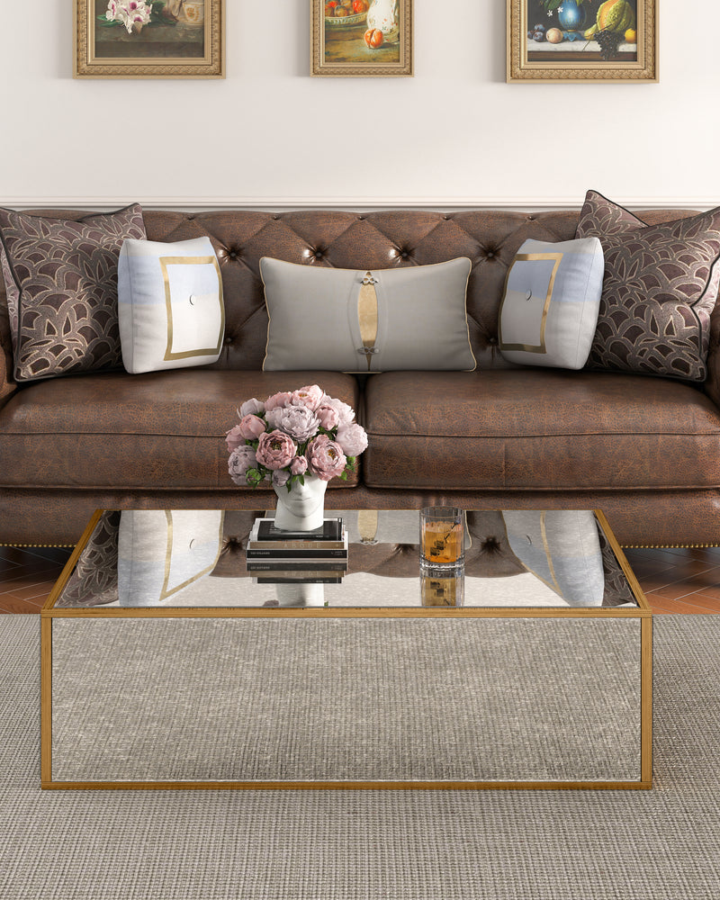 Rectangular Coffee Table, Mirrored Glass Center Table with Brushed Gold Frame