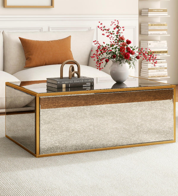 Rectangular Coffee Table, Mirrored Glass Center Table with Brushed Gold Frame