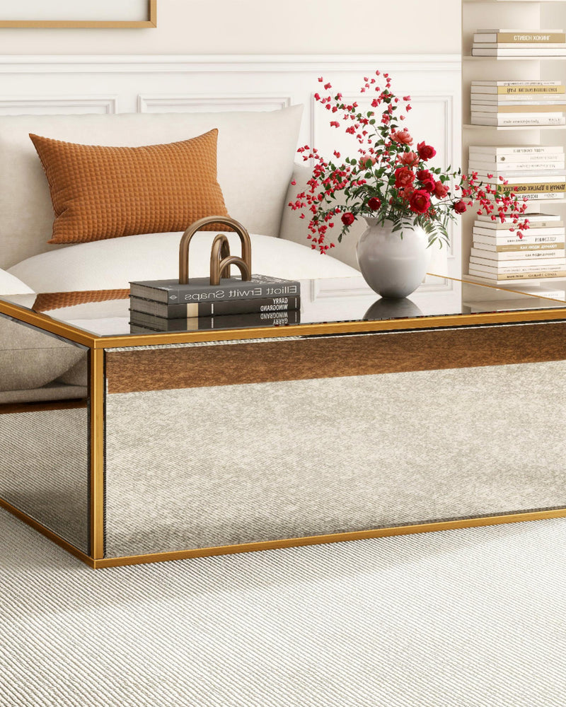 Rectangular Coffee Table, Mirrored Glass Center Table with Brushed Gold Frame