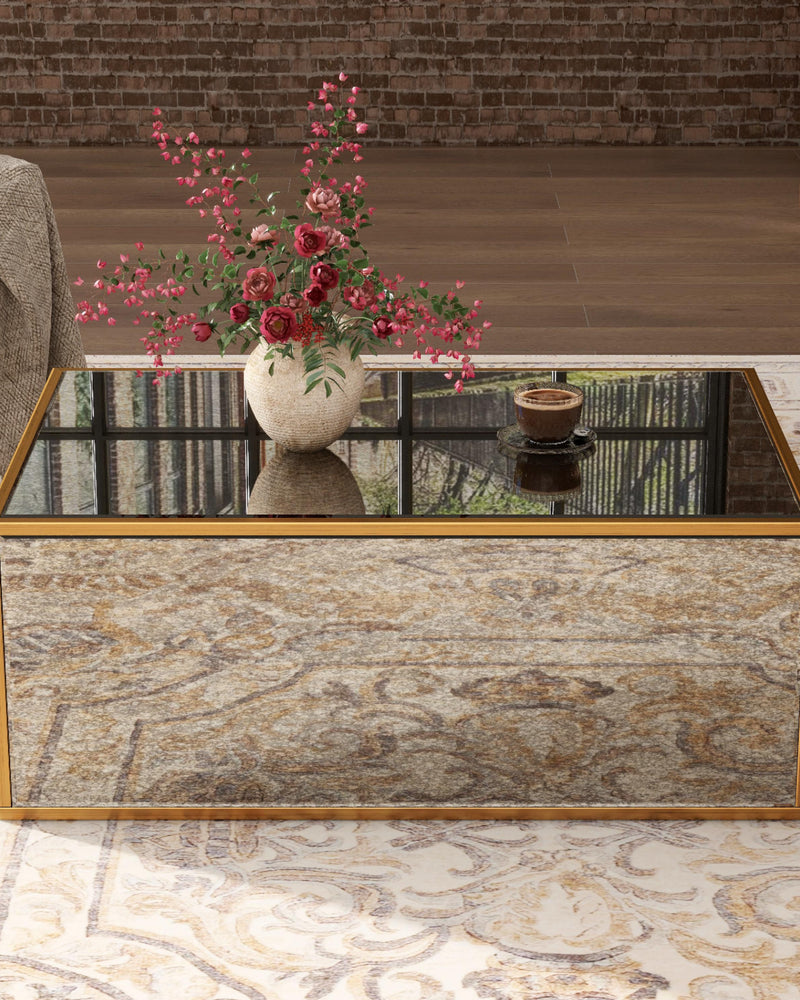 Rectangular Coffee Table, Mirrored Glass Center Table with Brushed Gold Frame