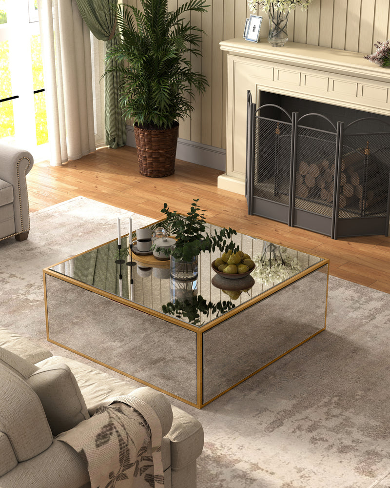 Mirrored Coffee Table, Rectangular Glass Dinning Table with Brushed Gold Frame