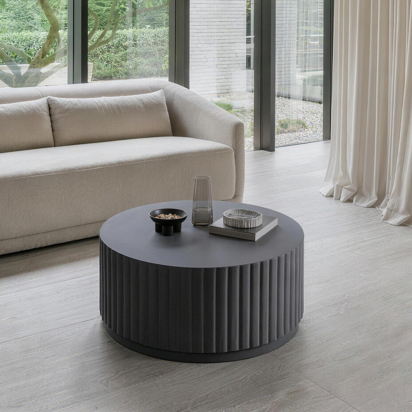 Black Modern Ribbed Round Concrete Coffee Table