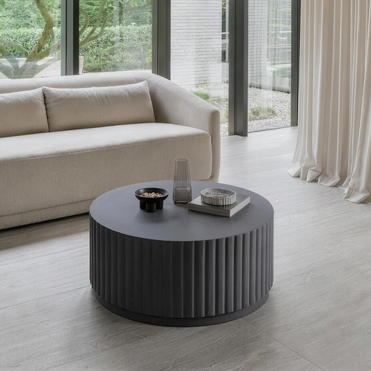 Black Modern Ribbed Round Concrete Coffee Table