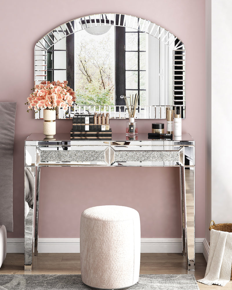 Mirrored Vanity Dresser with Drawers for Bedroom, Silver Make Up Table Inlay with Crushed Crystals