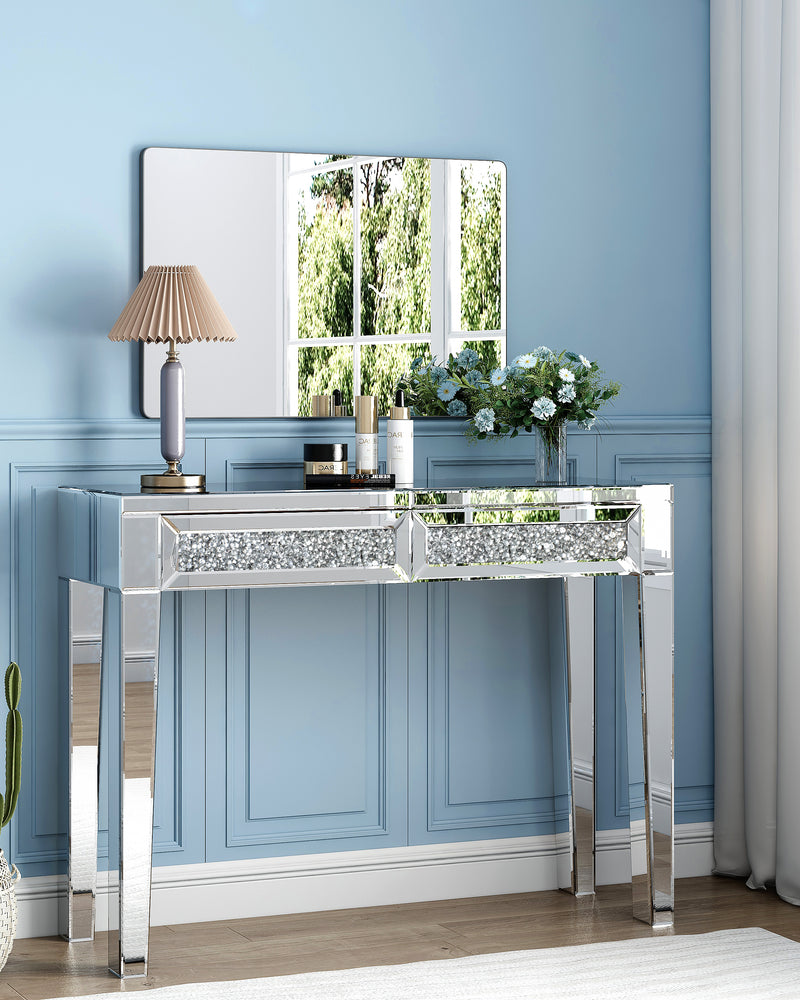 Mirrored Vanity Dresser with Drawers for Bedroom, Silver Make Up Table Inlay with Crushed Crystals
