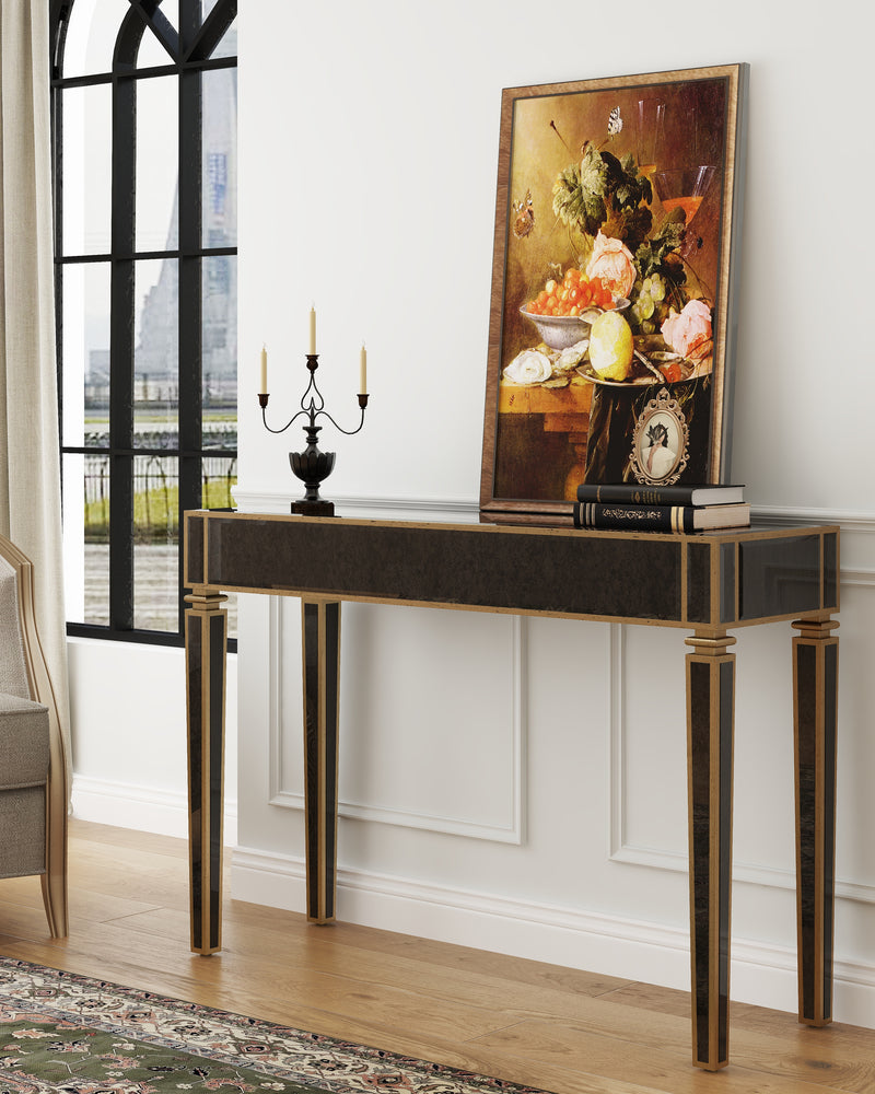 Antique Mirrored Console Table with Bronze-Toned Frame
