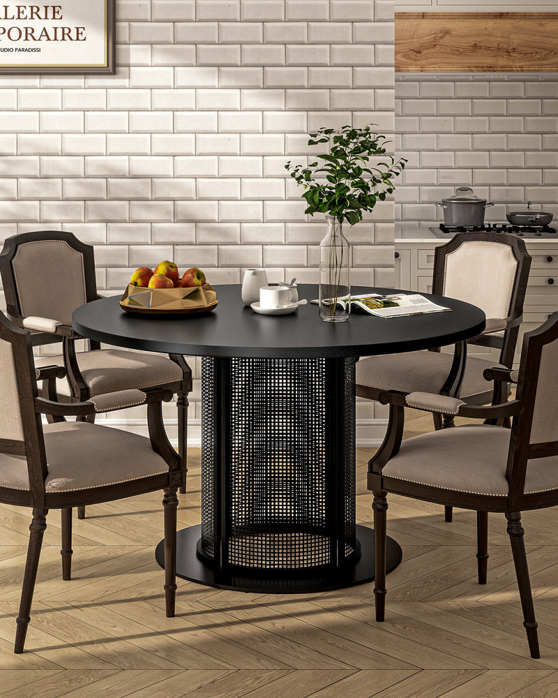 Round Metal Dining Table with Mesh Pedestal Base