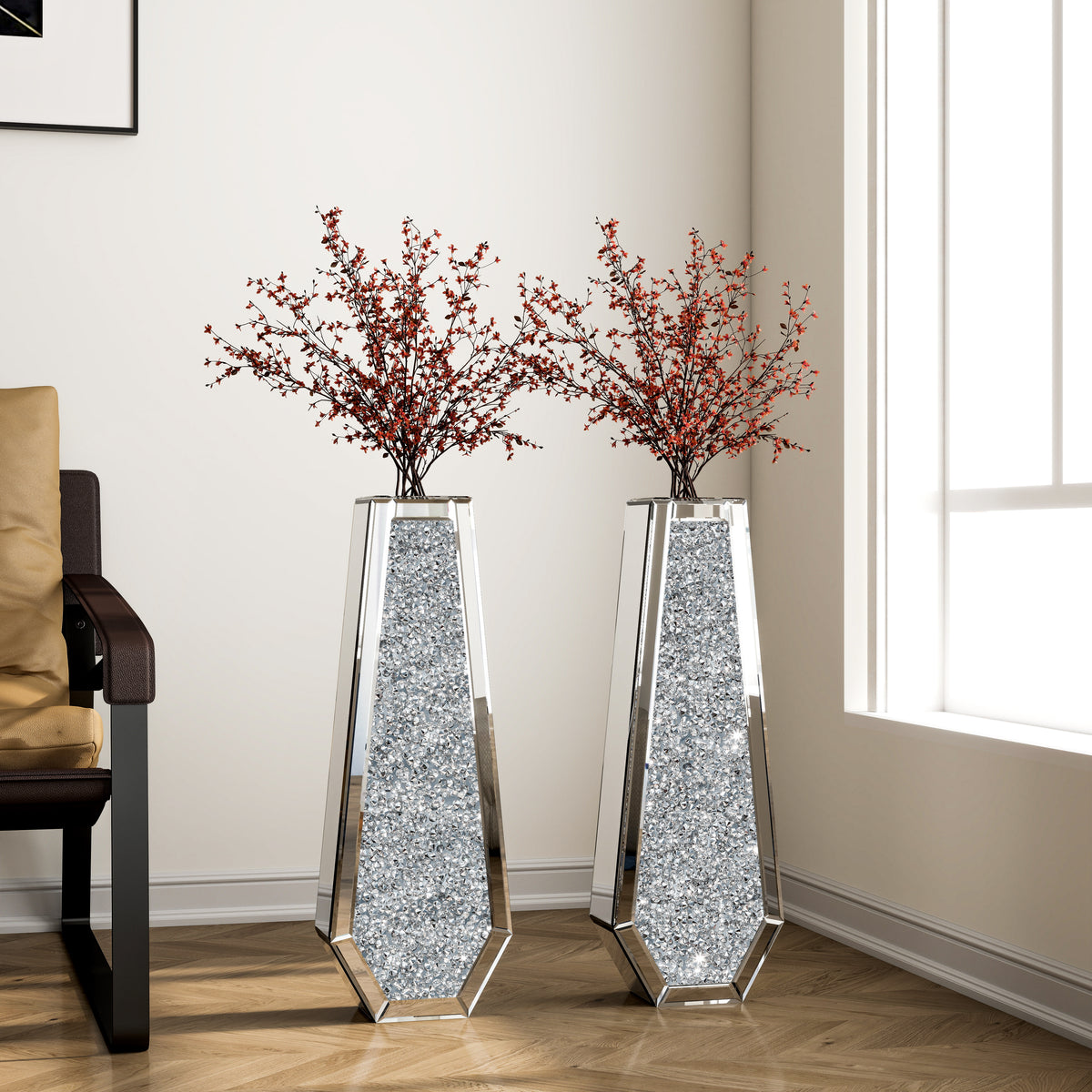 Große silberne Spiegel-Kristallvasen mit zerstoßenen Diamanten, hohe Bodenvase