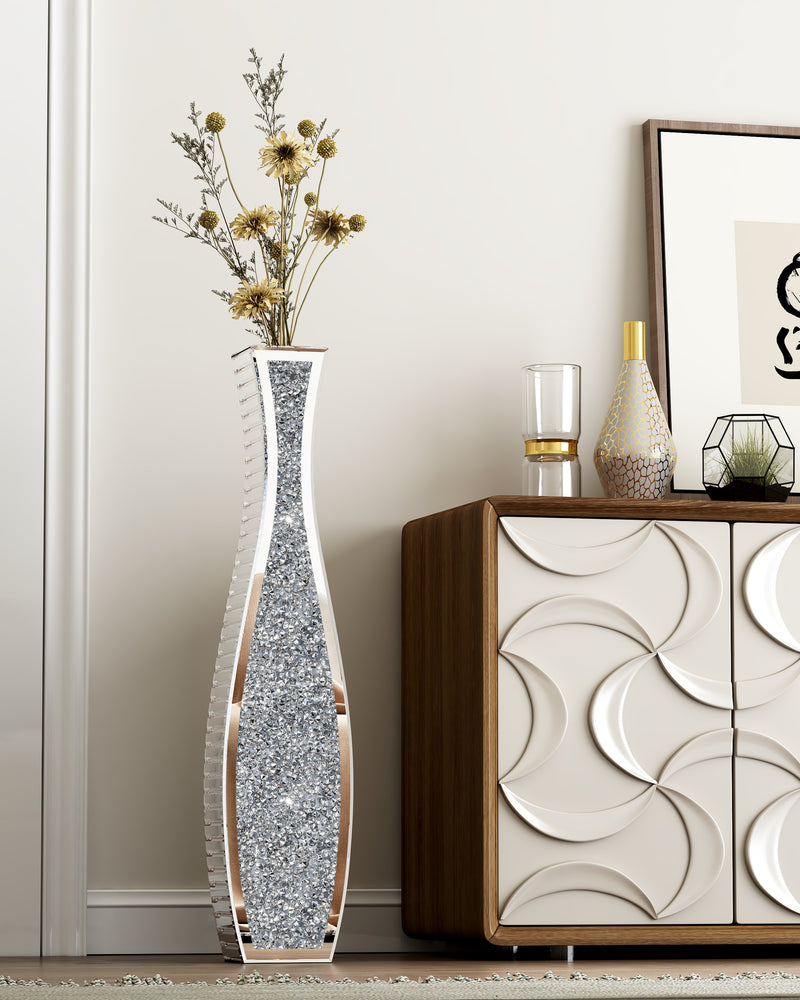 Crushed Diamond Floor Vase Silver Mirrored Tall Vases for Floor Large Crystal Decorative Glass Standing Vase