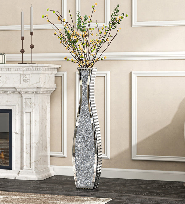 Crushed Diamond Floor Vase Silver Mirrored Tall Vases for Floor Large Crystal Decorative Glass Standing Vase