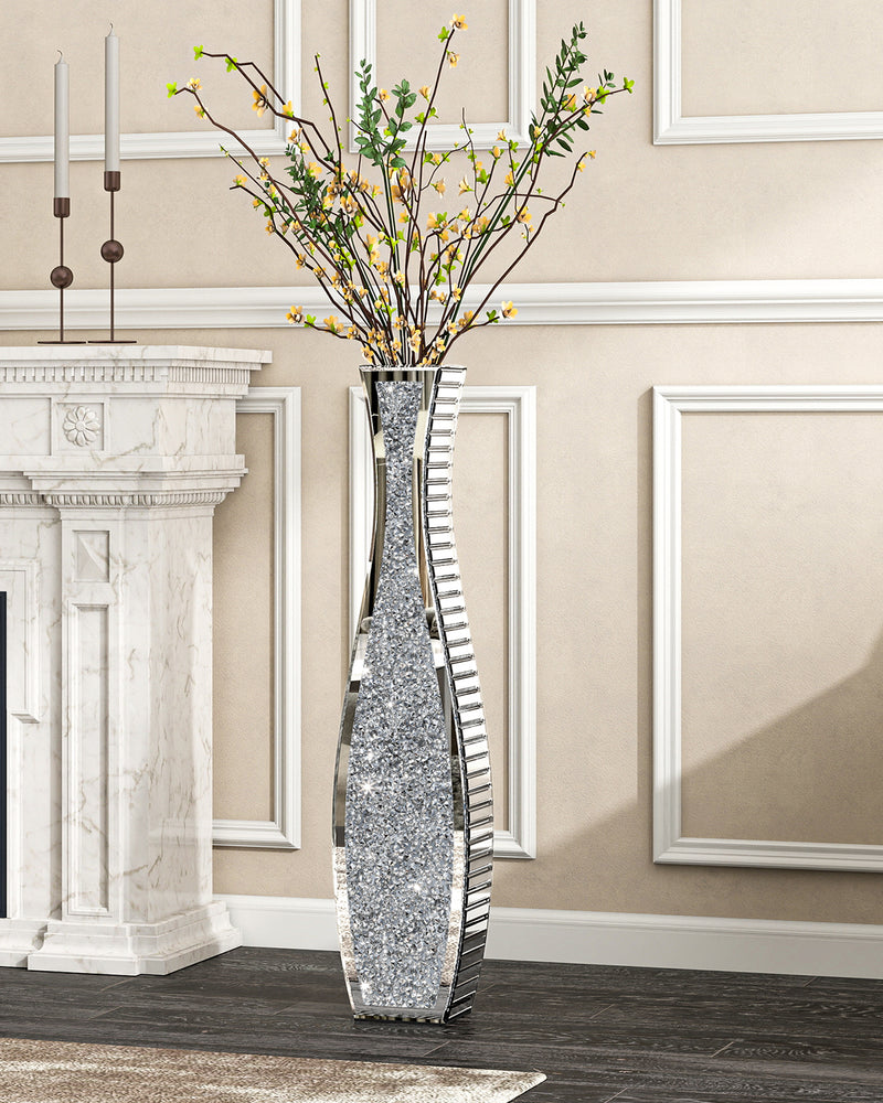 Crushed Diamond Floor Vase Silver Mirrored Tall Vases for Floor Large Crystal Decorative Glass Standing Vase