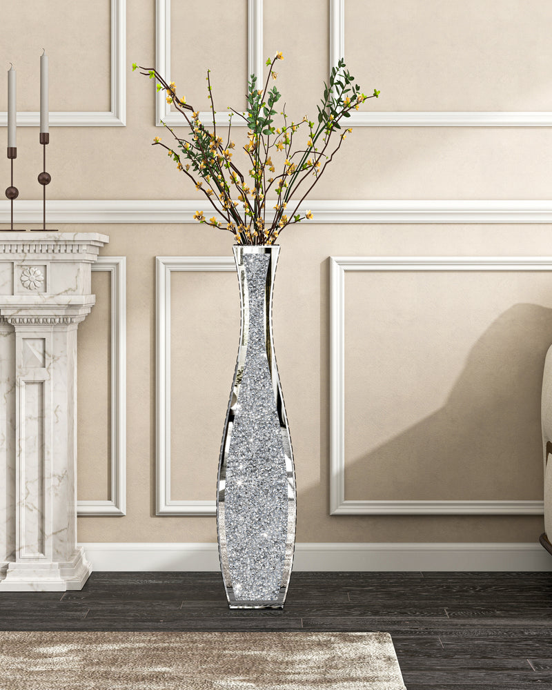 Crushed Diamond Floor Vase Silver Mirrored Tall Vases for Floor Large Crystal Decorative Glass Standing Vase