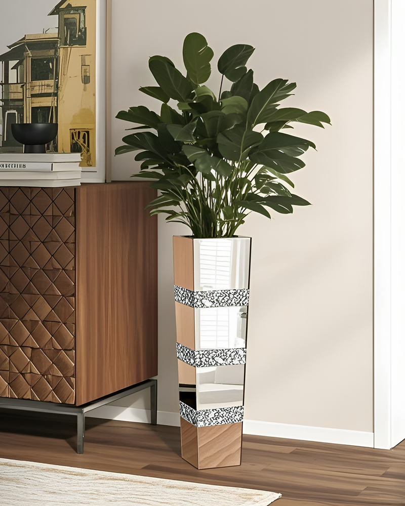 Mirrored Tall Floor Vase,  Large Crushed Diamond Floor Vase