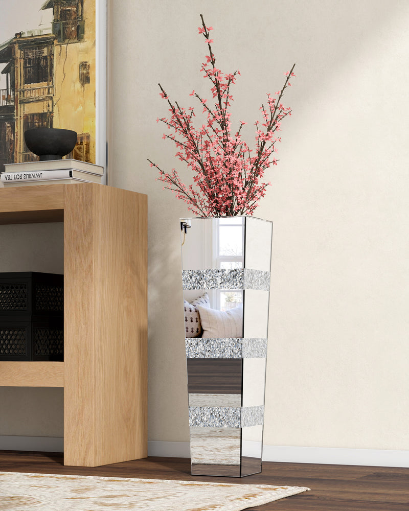 Mirrored Tall Floor Vase,  Large Crushed Diamond Floor Vase