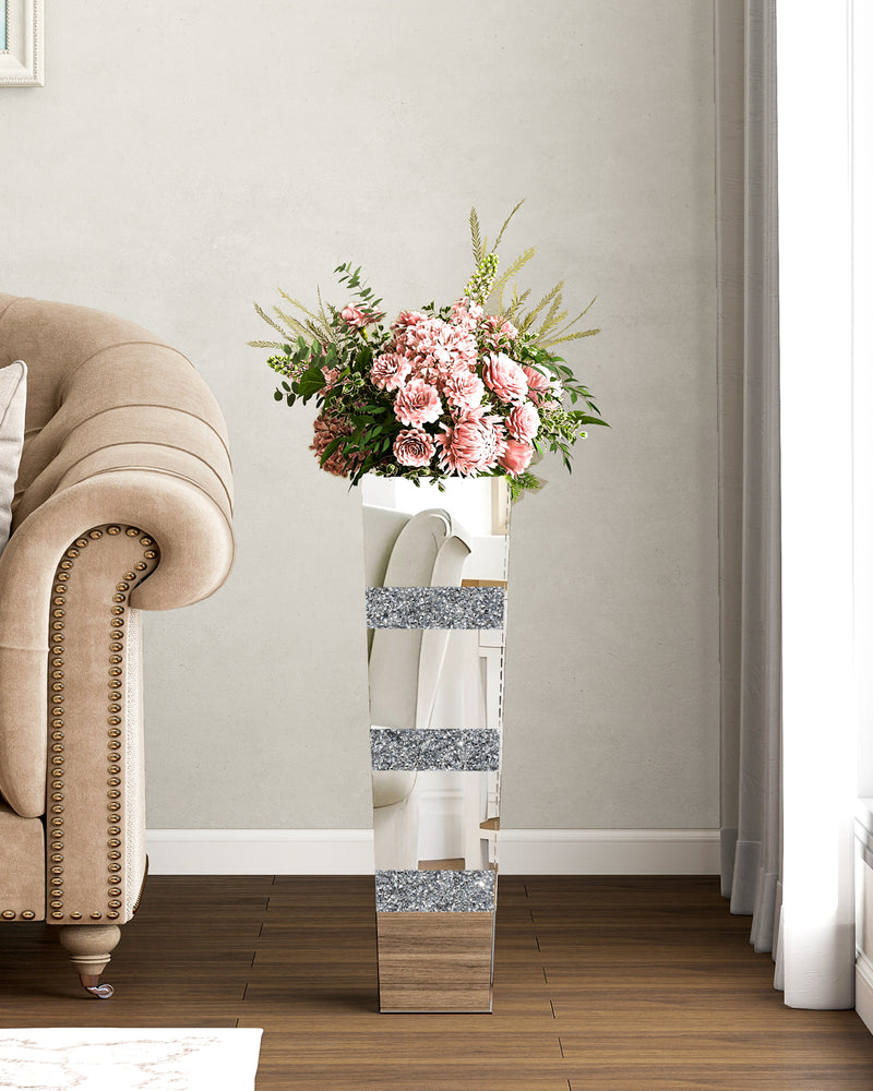 Mirrored Tall Floor Vase,  Large Crushed Diamond Floor Vase
