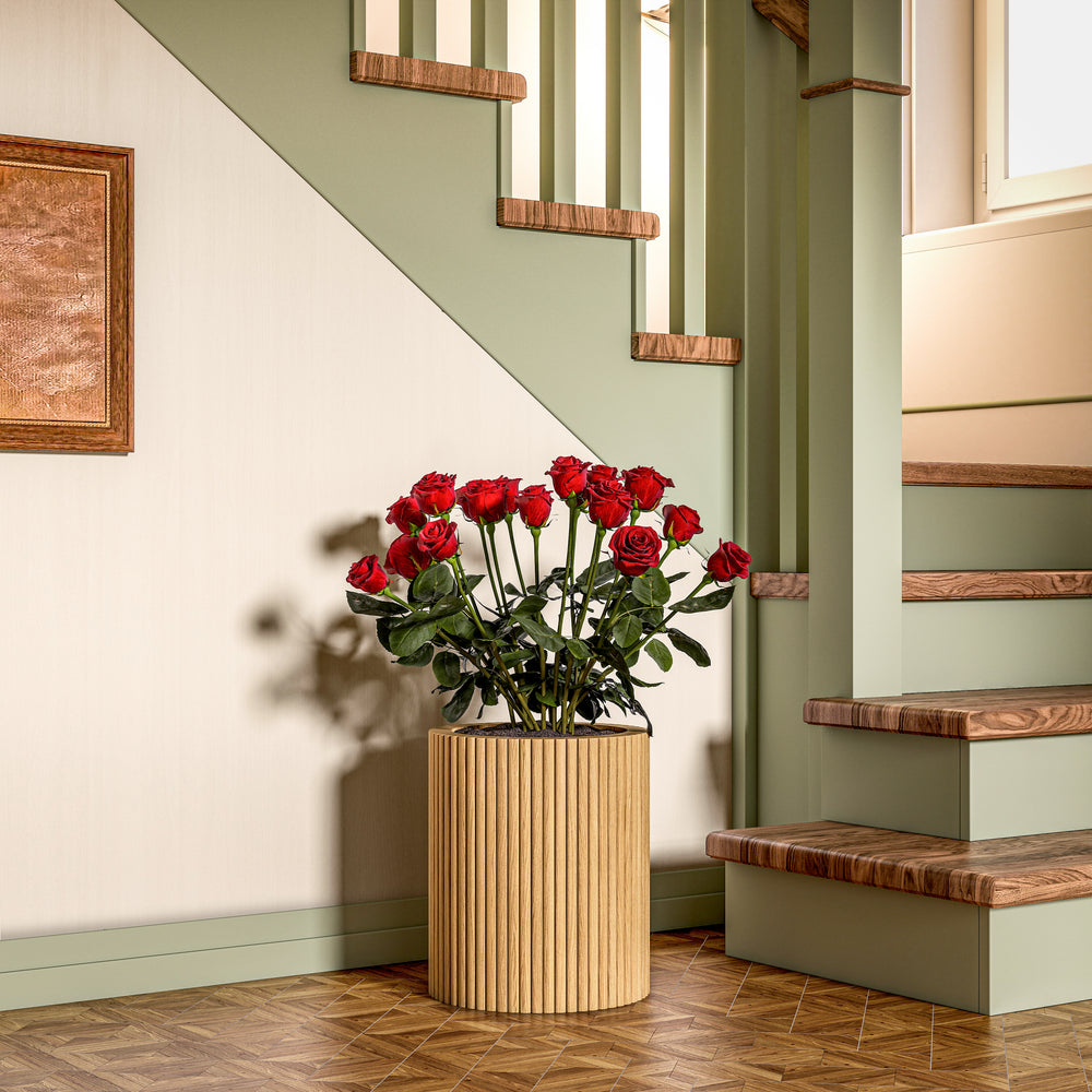 Tall Solid Wood Floor Vase for Living Room Decor – Handcrafted Rustic Wooden Vase with Natural Wood Strips
