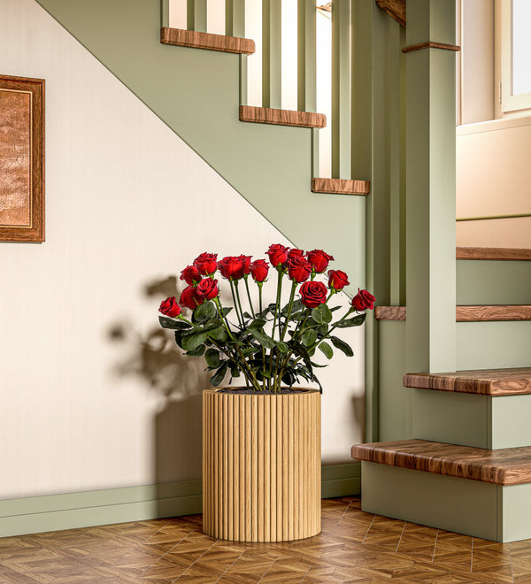 13.8" Tall Solid Wood Floor Vase for Living Room Decor – Handcrafted Rustic Wooden Vase with Natural Wood Strips