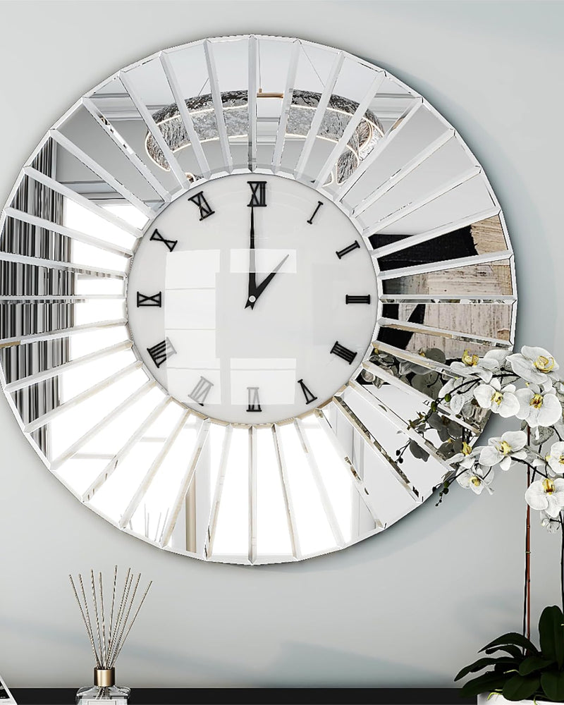 SHYFOYMirrored Wall Clocks Decor Sparkly Big Decorative Wall Clock
