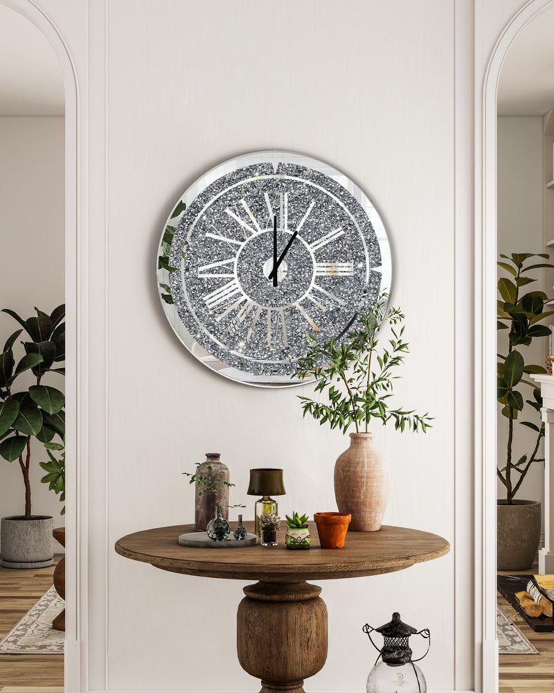 Crushed Diamond Wall Clock Round Luxury Wall Clock with Mirror Glass