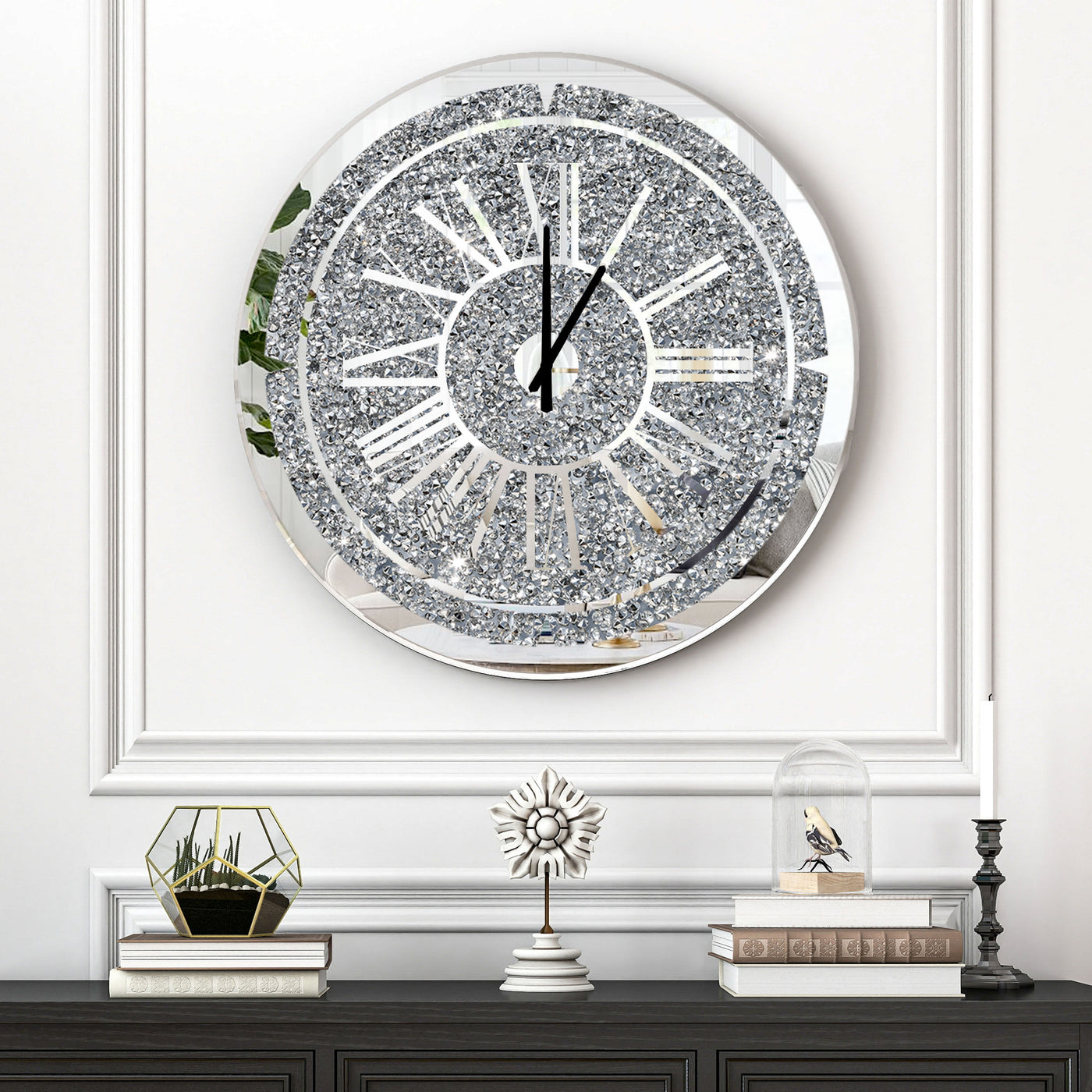Crushed Diamond Wall Clock Round Luxury Wall Clock with Mirror Glass