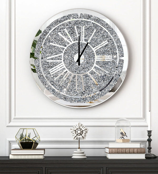 Crushed Diamond Wall Clock Round Luxury Wall Clock with Mirror Glass