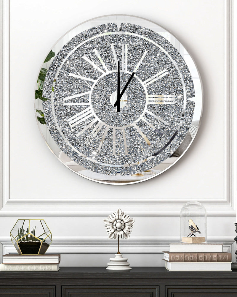 Crushed Diamond Wall Clock Round Luxury Wall Clock with Mirror Glass