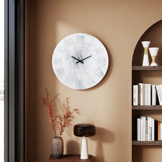 SHYFOY Modern Wall Clock - 23.62 Inch Frameless Marble Glass Wall Clock with Roman Numerals, Non-Ticking Large White Decorative Clock