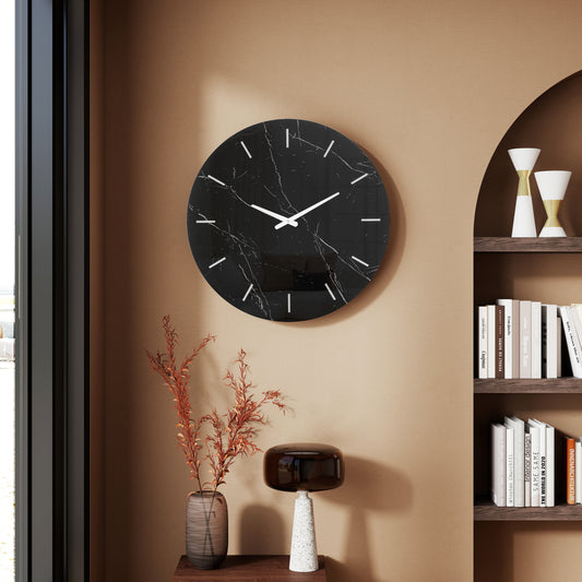 SHYFOY Black Decorative Wall Clock Glass Marble Patter, 23.6" Decorative Wall Clock, Modern Large Clock for Living Room